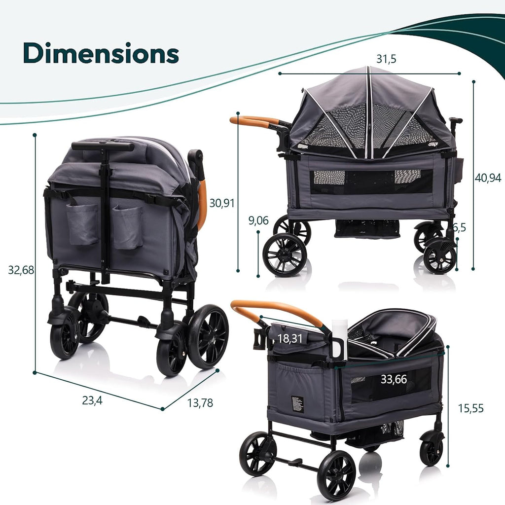 Wagon Stroller for 2 Kids & Cargo-Travel Stroller Push-Pull Double Wagon Lightweight Folding Stroller for Newborn&Toddler with 5-Point Harness,Adjustable Handle Bar and Canopy,Tray Table,Cup Holder wourant