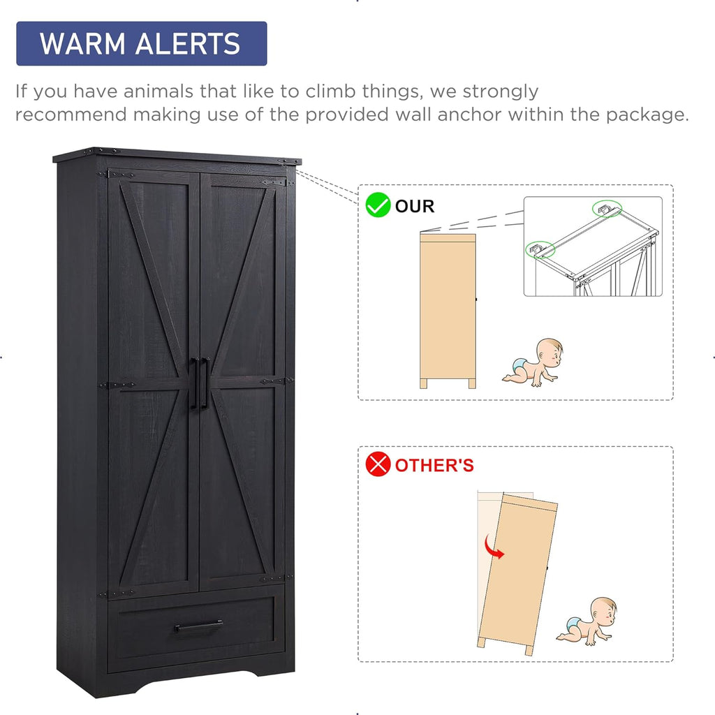 JXQTLINGMU Farmhouse Kitchen Pantry - 72" Tall Wood Kitchen Storage Cabinet with Adjustable Shelves and 2 Barn-Style Doors and Drawers wourant