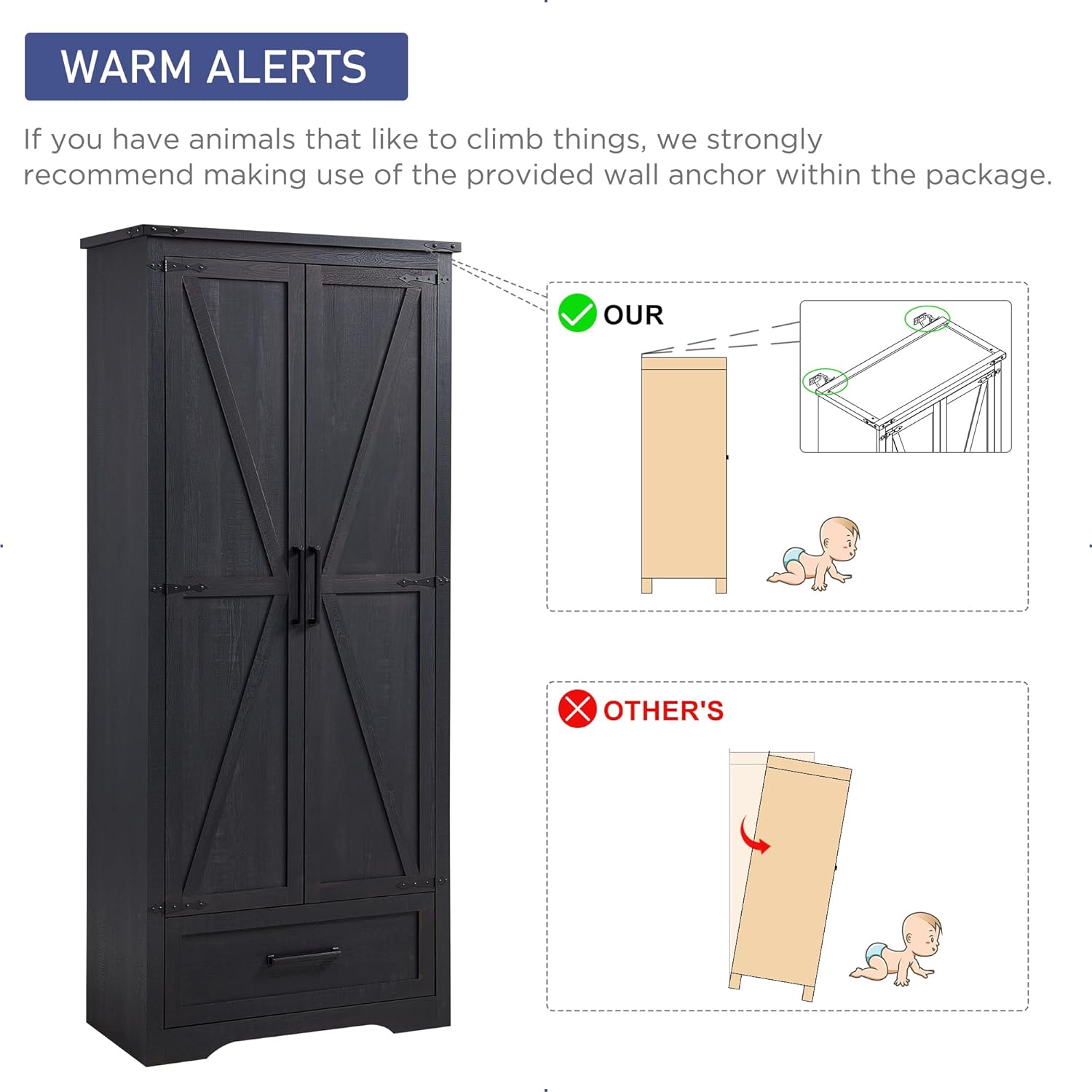 JXQTLINGMU Farmhouse Kitchen Pantry - 72" Tall Wood Kitchen Storage Cabinet with Adjustable Shelves and 2 Barn-Style Doors and Drawers wourant