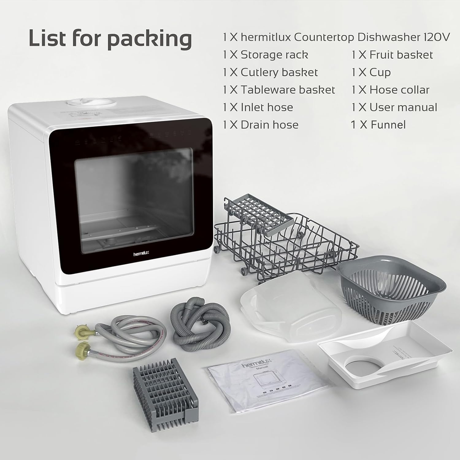 Hermitlux Countertop Dishwasher, 7 Washing Programs Portable Mini Dishwasher with 5-Liter Built-in Water Tank for Apartments & RVs, LED Light, Glass Door, No Hookup Needed wourant
