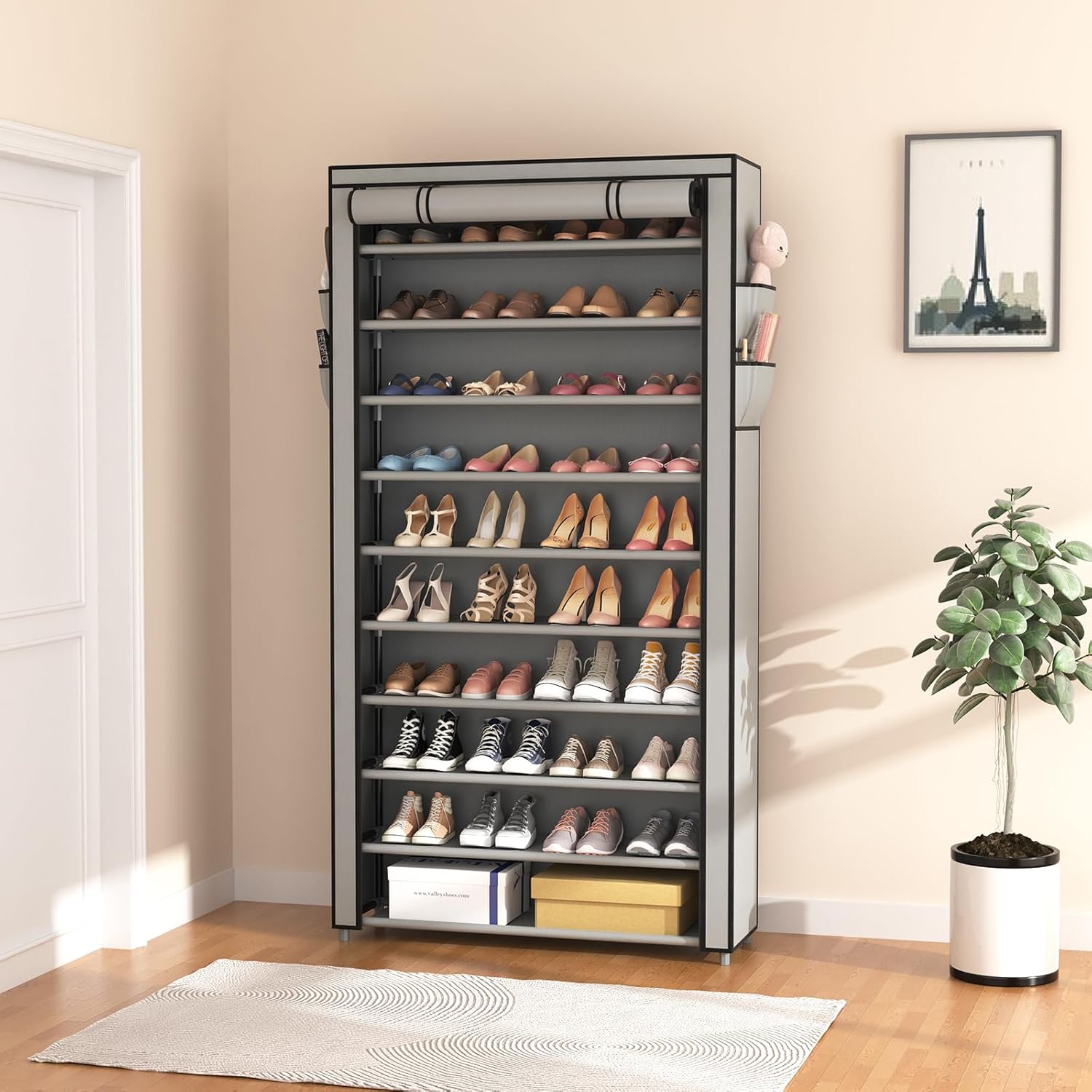 ROJASOP 10 Tier Shoe Rack with Covers Large Capacity Stackable Tall Shoe Shelf Storage wourant