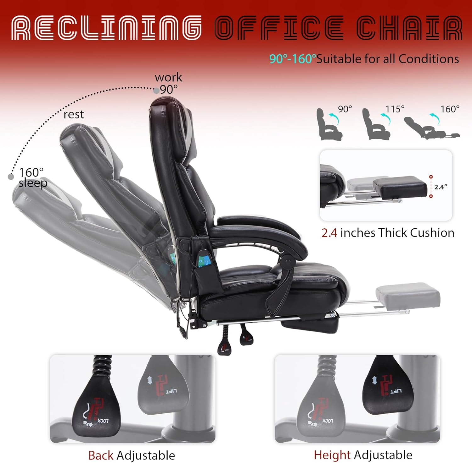 Massage Office Chair with Footrest 6 Point Vibration and Heating Home Executive Office Desk Chair wourant