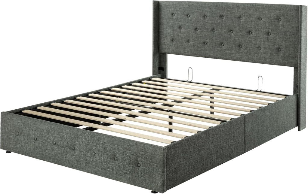 Allewie Queen Size Lift Up Storage Bed Modern Wingback Headboard Hydraulic Support wourant