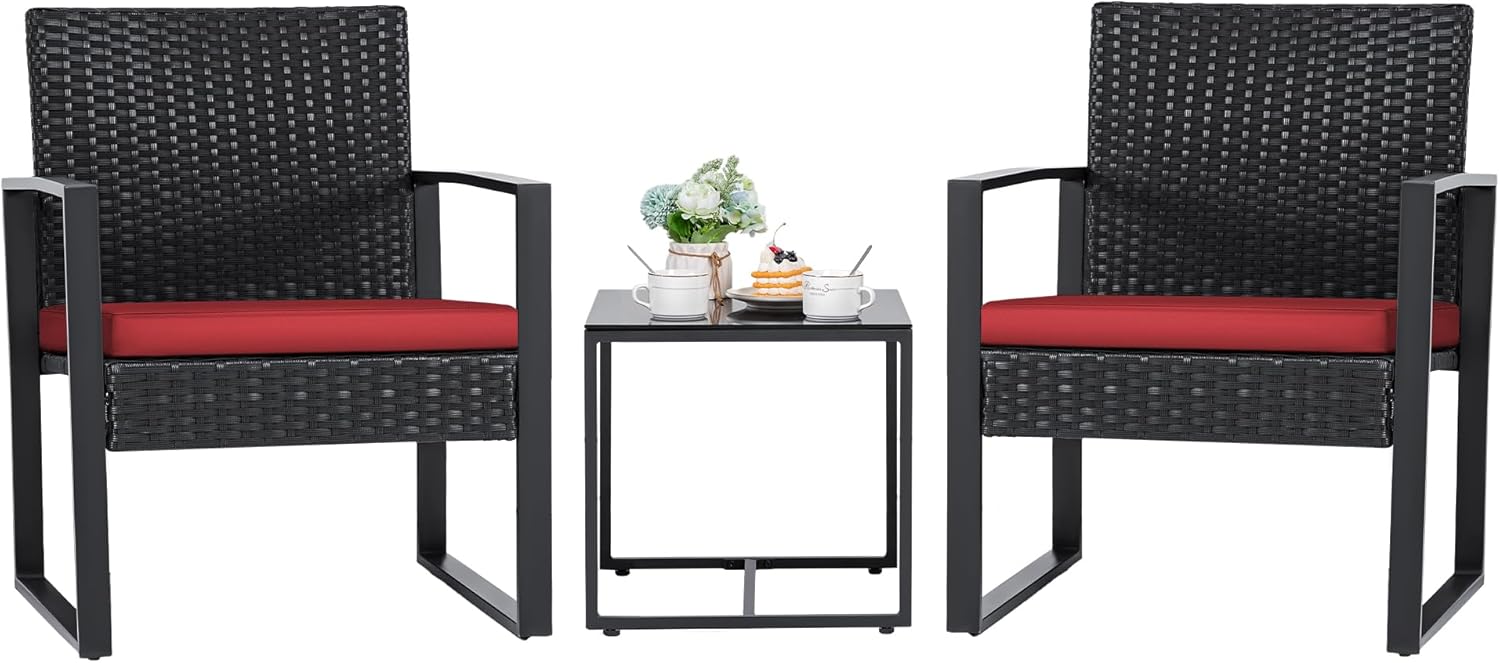 Flamaker 3 Pieces Patio Set Outdoor Wicker Furniture Sets Modern Rattan Chair Conversation Sets with Coffee Table for Yard and Bistro (Black) wourant
