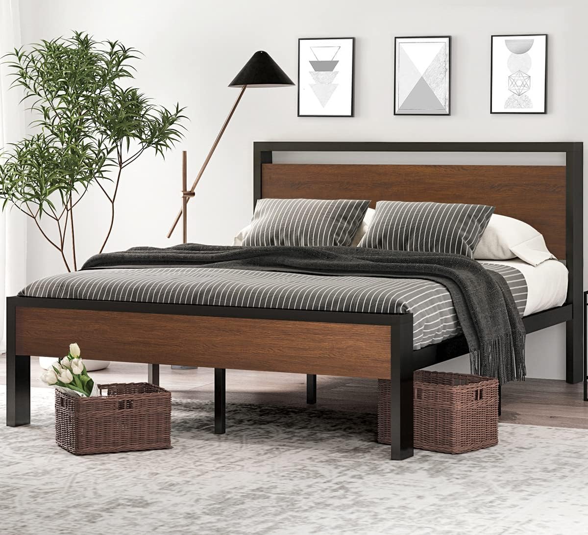 SHA CERLIN 14 Inch Full Size Metal Platform Bed Frame with Wooden Headboard and Footboard wourant