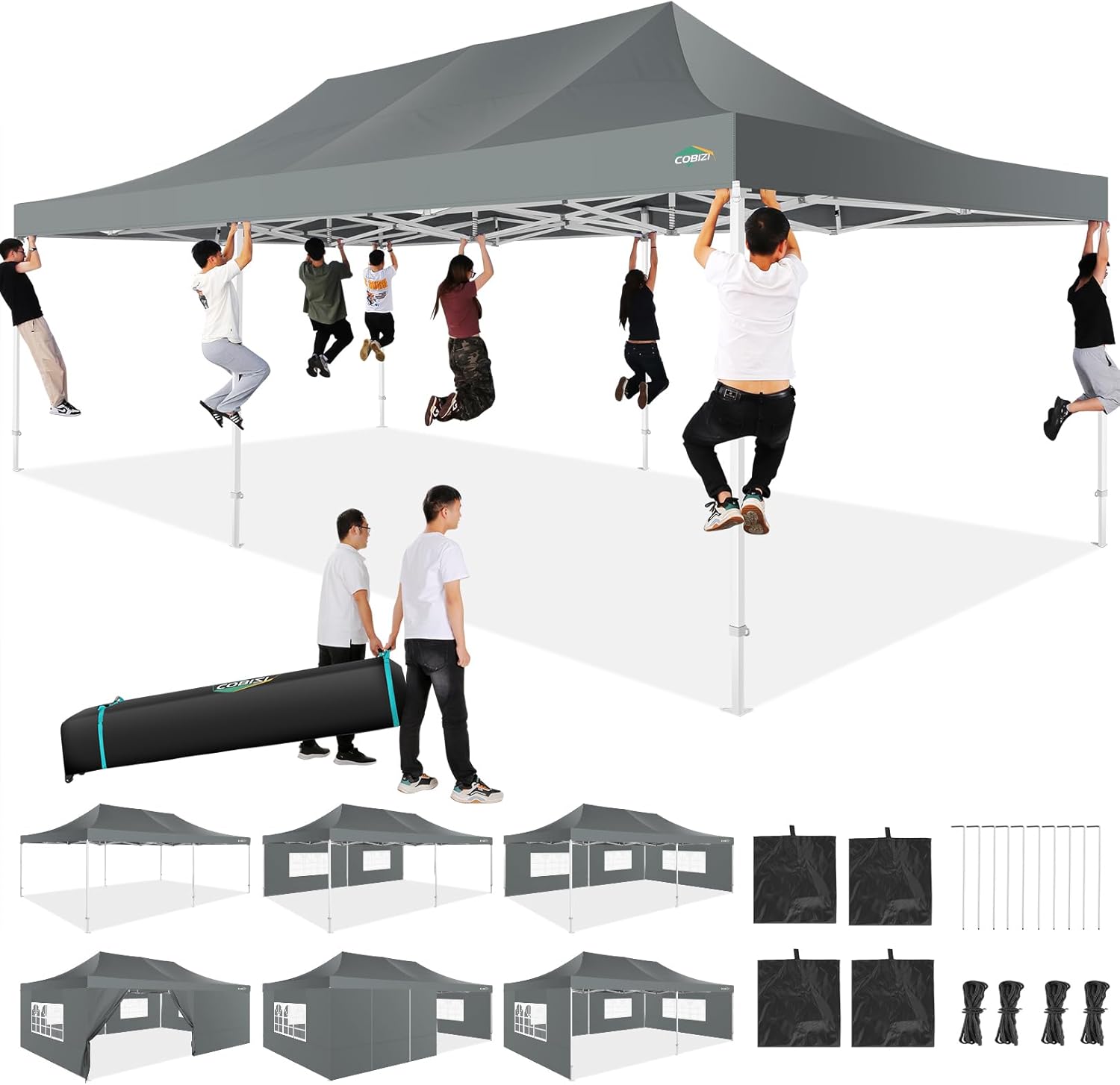 COBIZI 10x20 Heavy Duty Pop up Canopy Tent with 6 sidewalls Easy Up Commercial Outdoor Canopy Wedding Party Tents for Parties All Season Wind & Waterproof Gazebo with Roller Bag,Black(Frame Thickened) wourant
