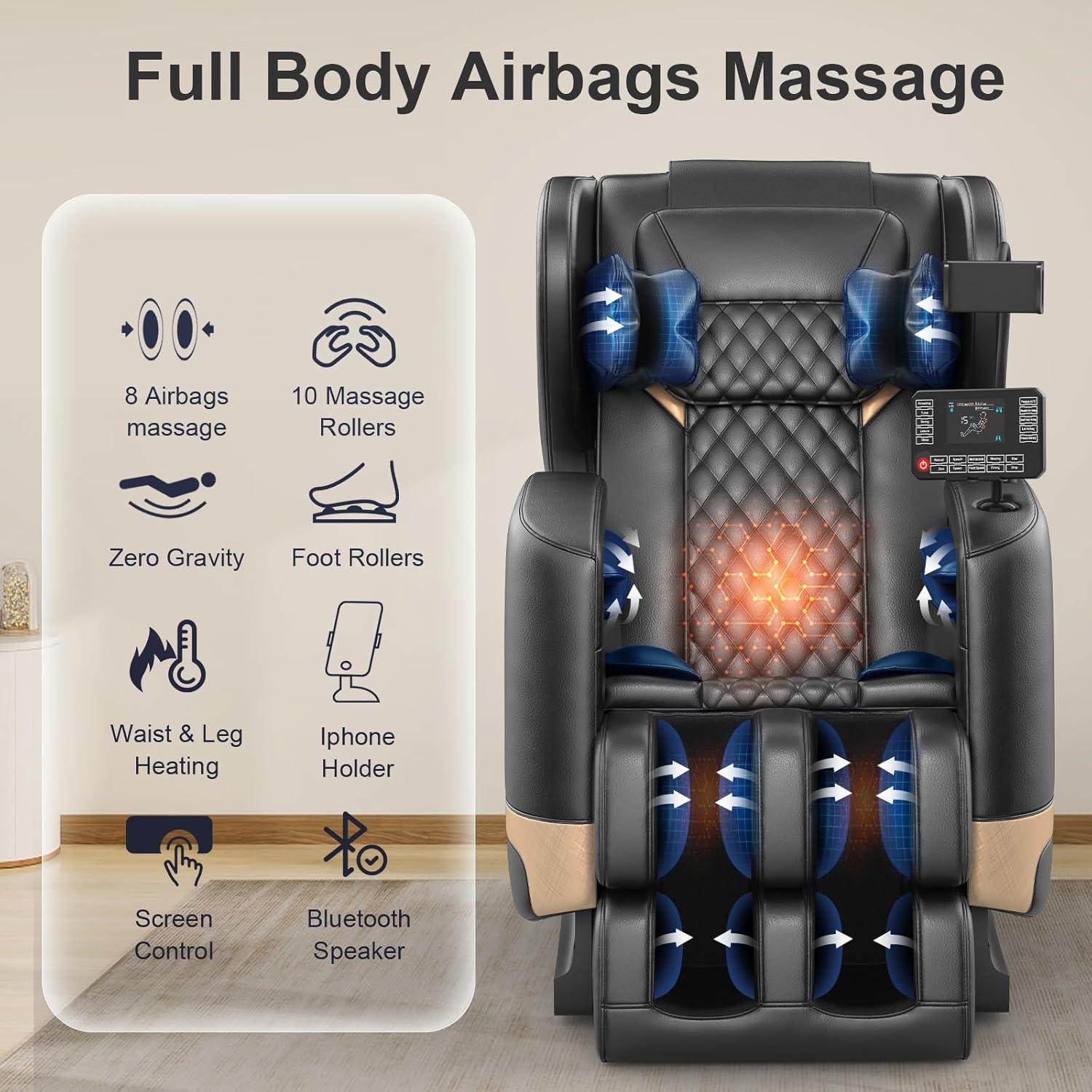 2025 Massage Chair Full Body, Zero Gravity Massage Chair with 10 Fix Rollers, Heating, Foot Massage, Auto Modes, Bluetooth Speaker, Touch Screen Controller (Black & Brown) wourant