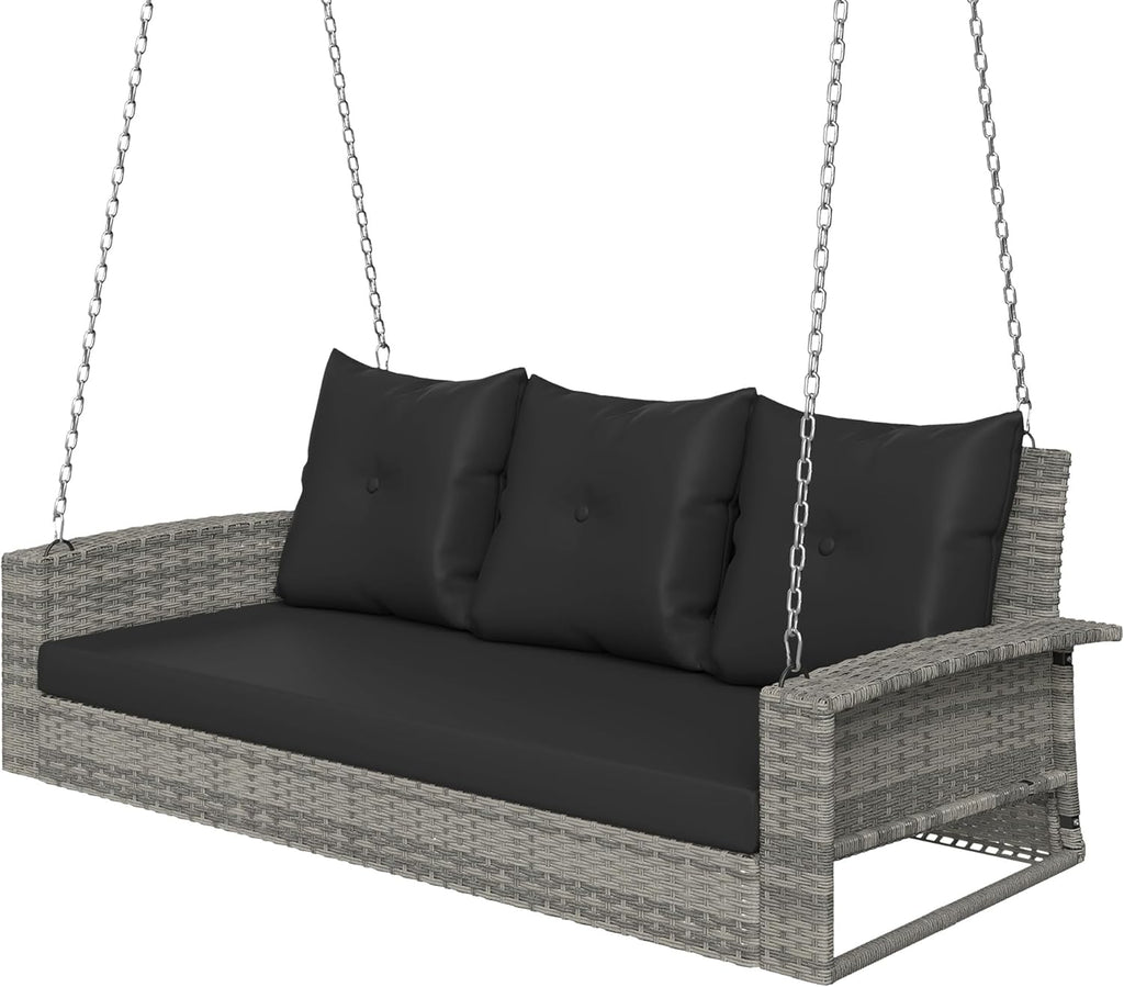 YITAHOME Hanging Porch Swing Chair Sits 3 People, Wicker Outdoor Swing Bench, Patio Lounge Chair, 1 Seating Cushion and 3 Back Cushions, w/Removable Covers, for Garden, Balcony, Backyard, Brown wourant