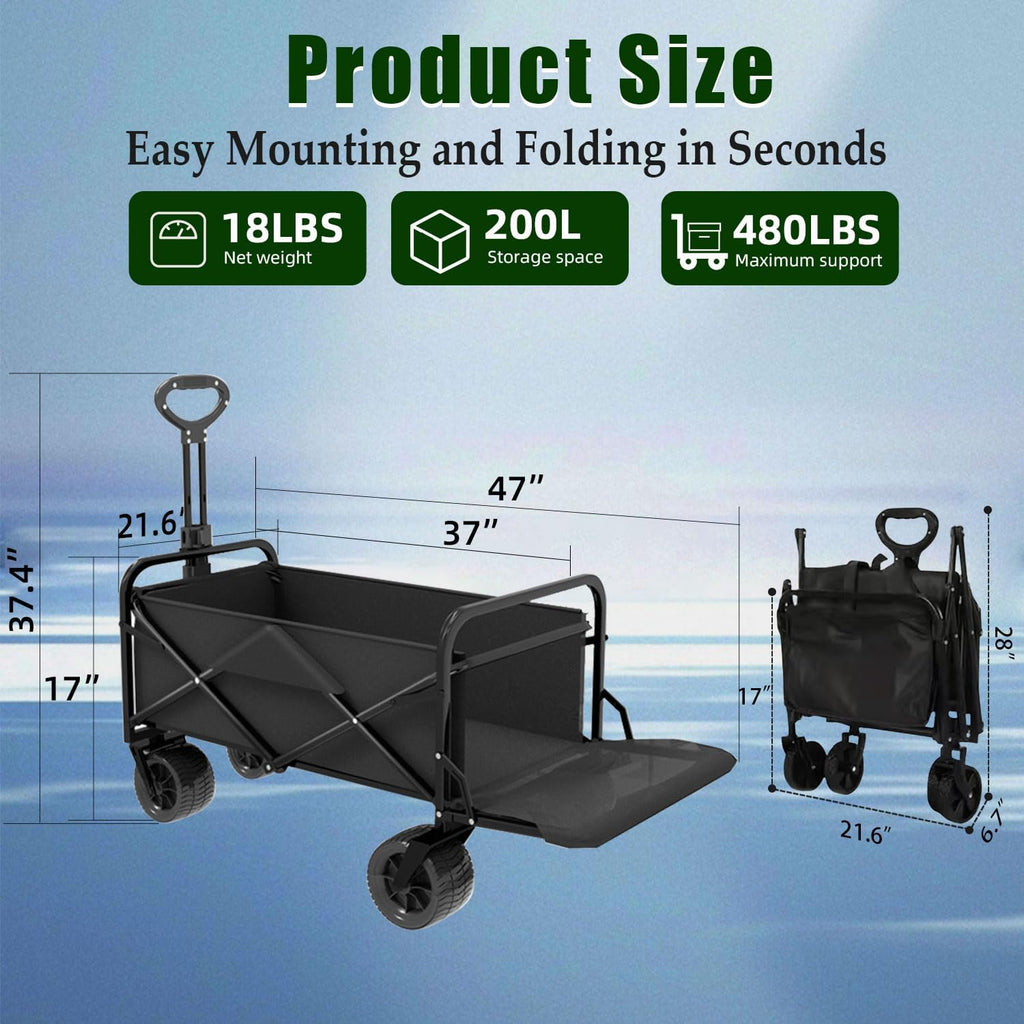 Foldable 4-wheel cart, foldable, 37 inches long, 480 lb capacity, heavy-duty beach cart, shopping cart with wheels wourant