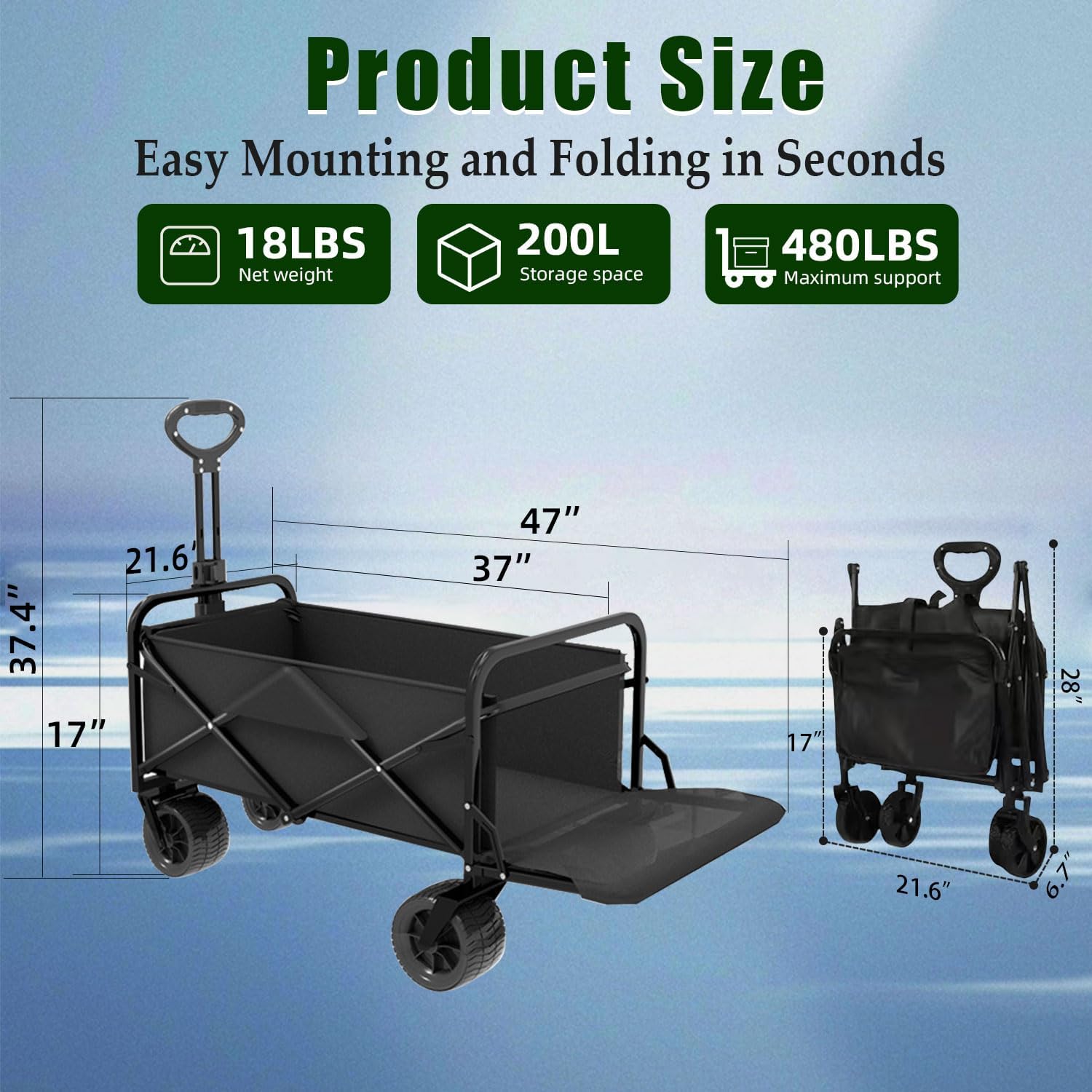 Foldable 4-wheel cart, foldable, 37 inches long, 480 lb capacity, heavy-duty beach cart, shopping cart with wheels wourant
