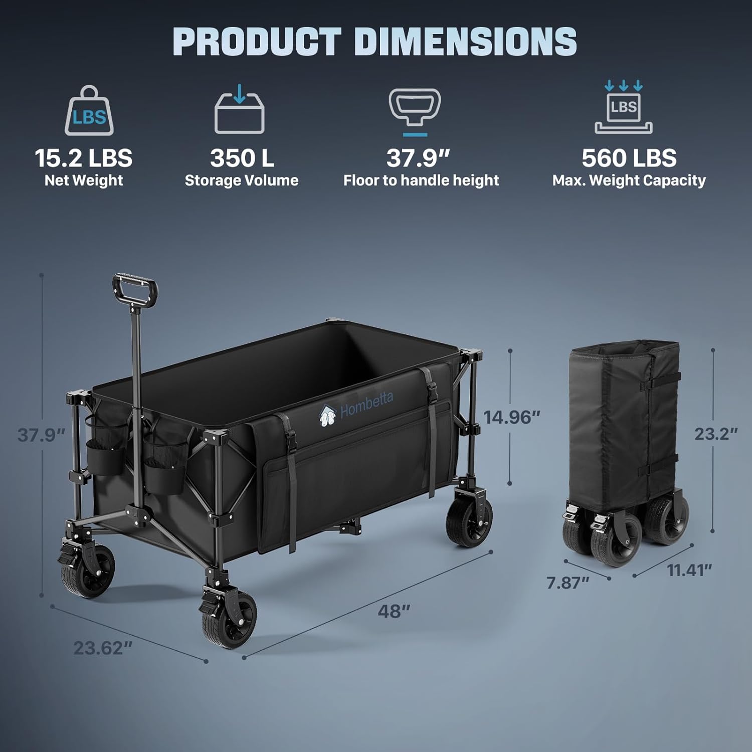 48" Extra Large Folding Travel Cart, 560 lb Capacity, 350 L Heavy Duty Utility Cart with Brakes and All-Terrain Wheels wourant