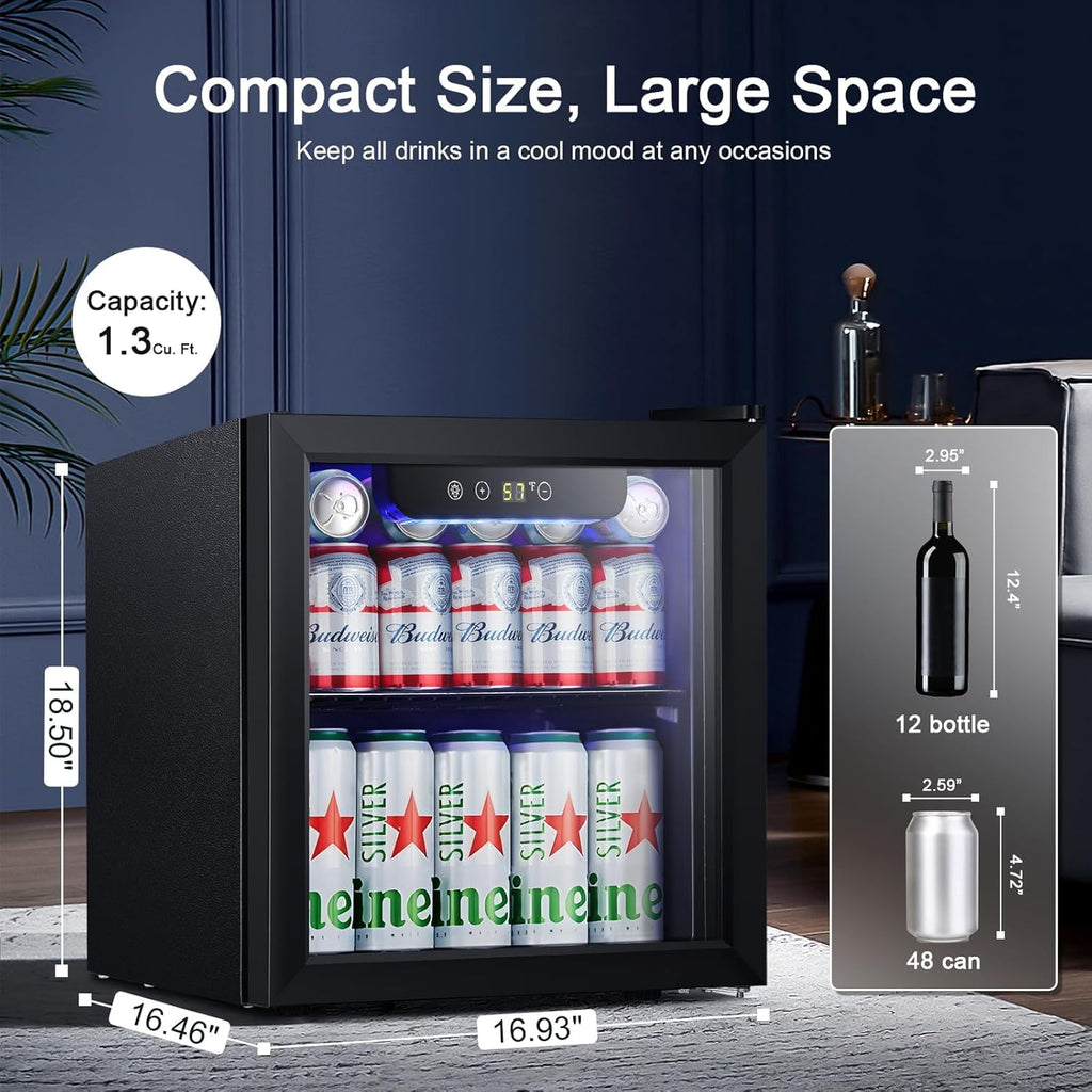 Antarctic Star Beverage Refrigerator Cooler 68 Can, Mini Fridge with Glass Door for Beer Drinks Wine,Freestanding Small Fridge with Electronic Temperature Control for Home and Bar,1.7 cu.ft wourant