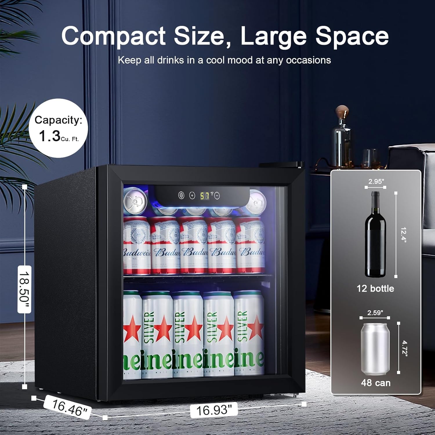 Antarctic Star Beverage Refrigerator Cooler 68 Can, Mini Fridge with Glass Door for Beer Drinks Wine,Freestanding Small Fridge with Electronic Temperature Control for Home and Bar,1.7 cu.ft wourant