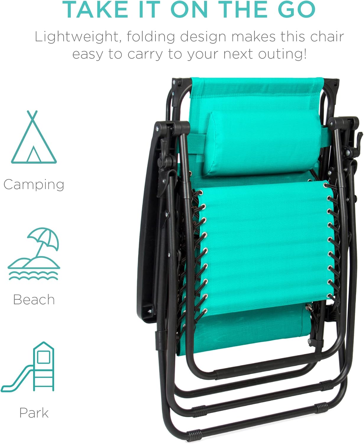 Best Choice Products Folding Zero Gravity Outdoor Recliner Patio Lounge Chair w/Adjustable Canopy Shade, Headrest, Side Accessory Tray, Textilene Mesh - Peacock Blue wourant
