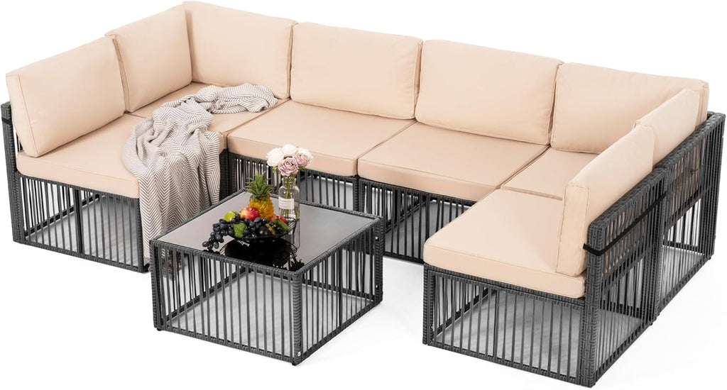 Pamapic 7-Piece Outdoor Sectional Furniture Set, All-Weather Wicker Patio Sofa with Washable Cushions, Gray Waterproof Rattan Conversation Set for Backyard, Poolside, Garden (Gray Cushions) woonhhop