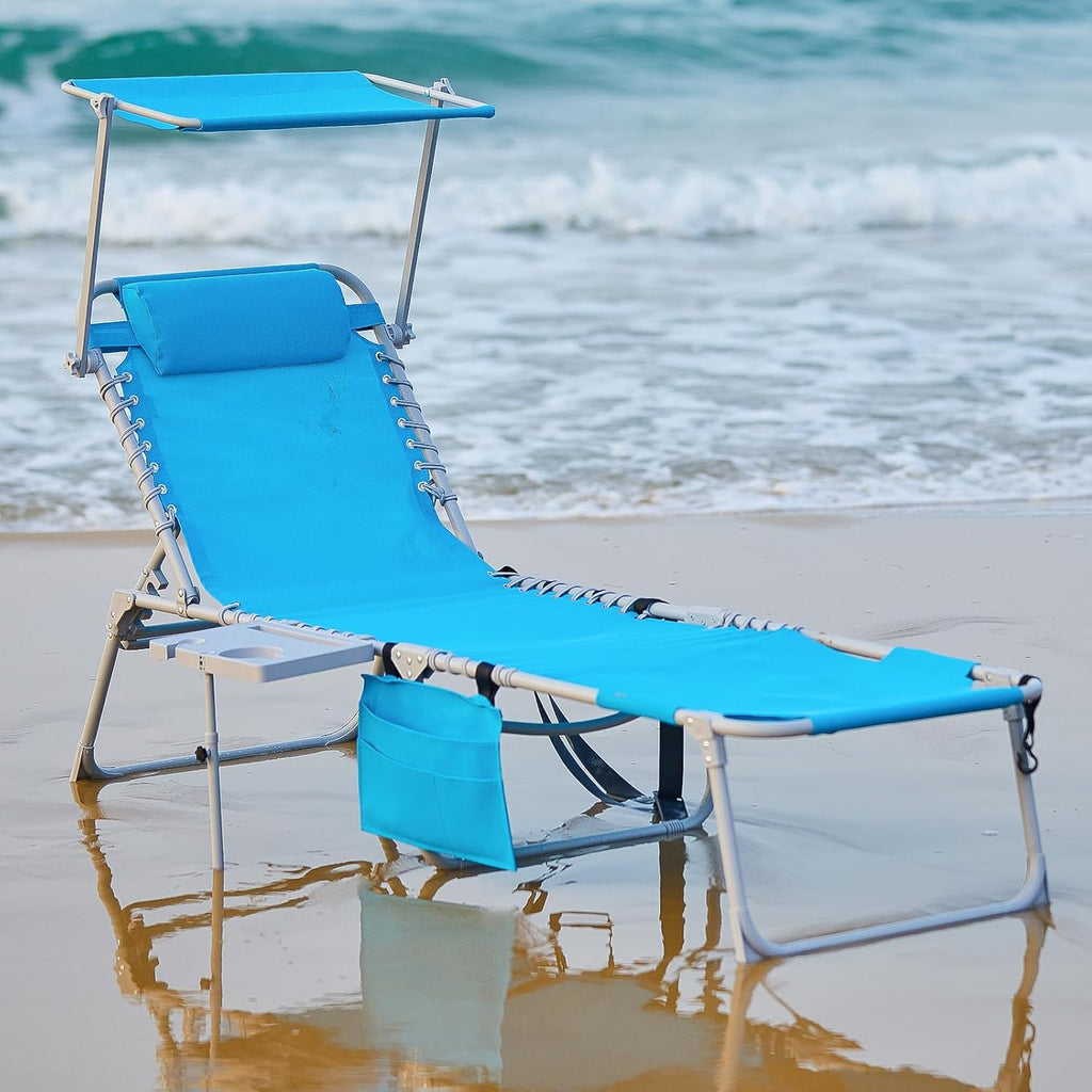 2 Pack Outdoor Chaise Lounge Chair - Portable Folding Patio Pool Lounge Chair, 5 Positions Adjustable Reclining Camping Chair with Side Table,Shoulder Strap, Pillow for Beach Sunbathing Lawn wourant