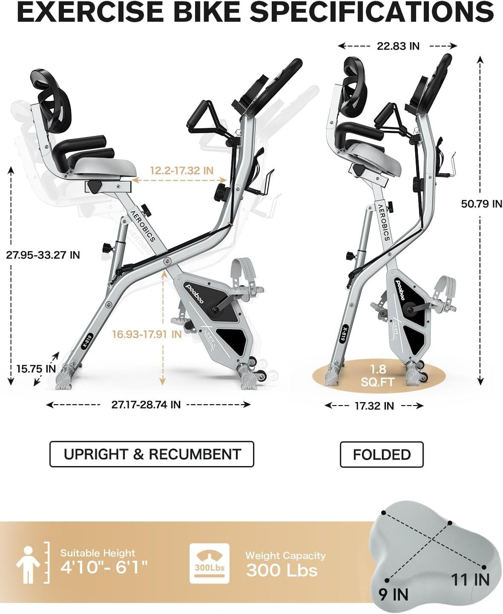 pooboo Folding Exercise Bike, Foldable Fitness Stationary Bike Machine, Upright Indoor Cycling Bike, Magnetic X-Bike with 8-Level Adjustable Resistance, Bottle Holder & Back Support Cushion for Home Gym Workout wourant