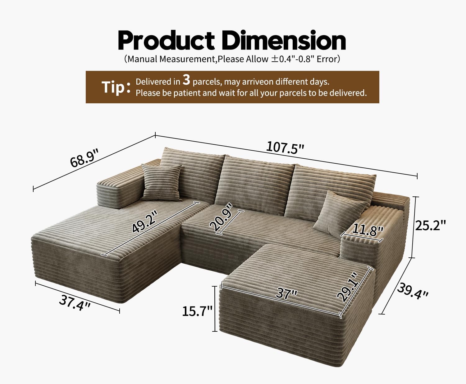 107.5" Cloud Modular Sectional Sofa Couch with L-Shape Chaise,Modern Minimalist Upholstered Couches wourant
