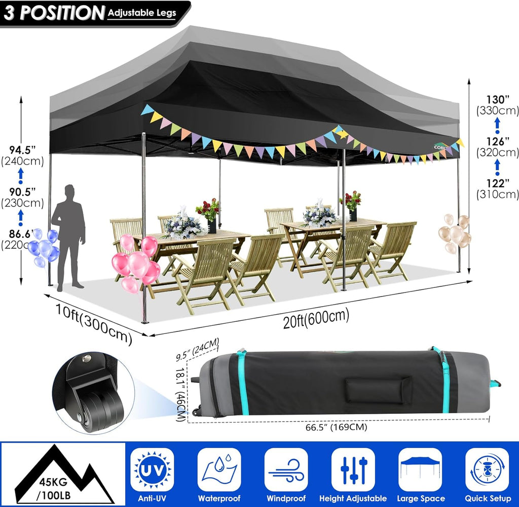 COBIZI 10x20 Heavy Duty Pop up Canopy Tent with 6 sidewalls Easy Up Commercial Outdoor Canopy Wedding Party Tents for Parties All Season Wind & Waterproof Gazebo with Roller Bag,Black(Frame Thickened) wourant