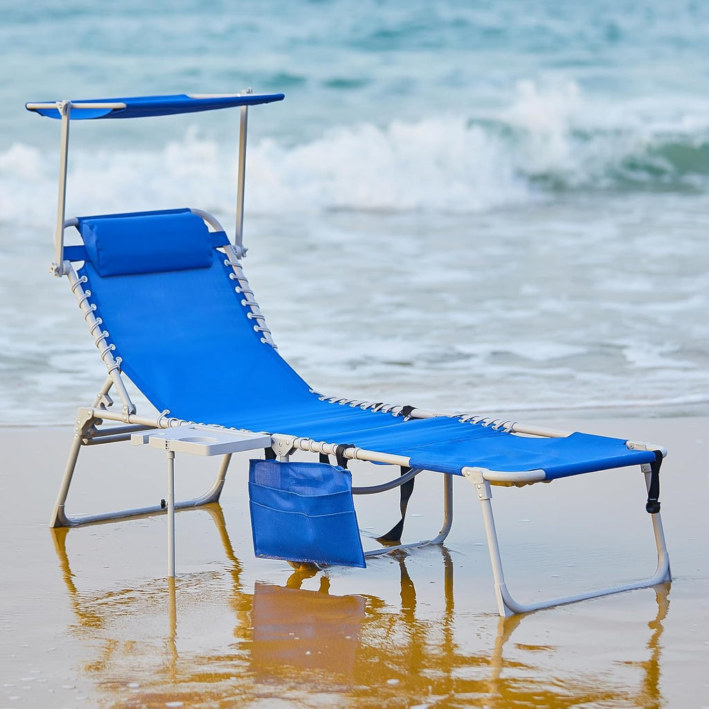 2 Pack Outdoor Chaise Lounge Chair - Portable Folding Patio Pool Lounge Chair, 5 Positions Adjustable Reclining Camping Chair with Side Table,Shoulder Strap, Pillow for Beach Sunbathing Lawn wourant