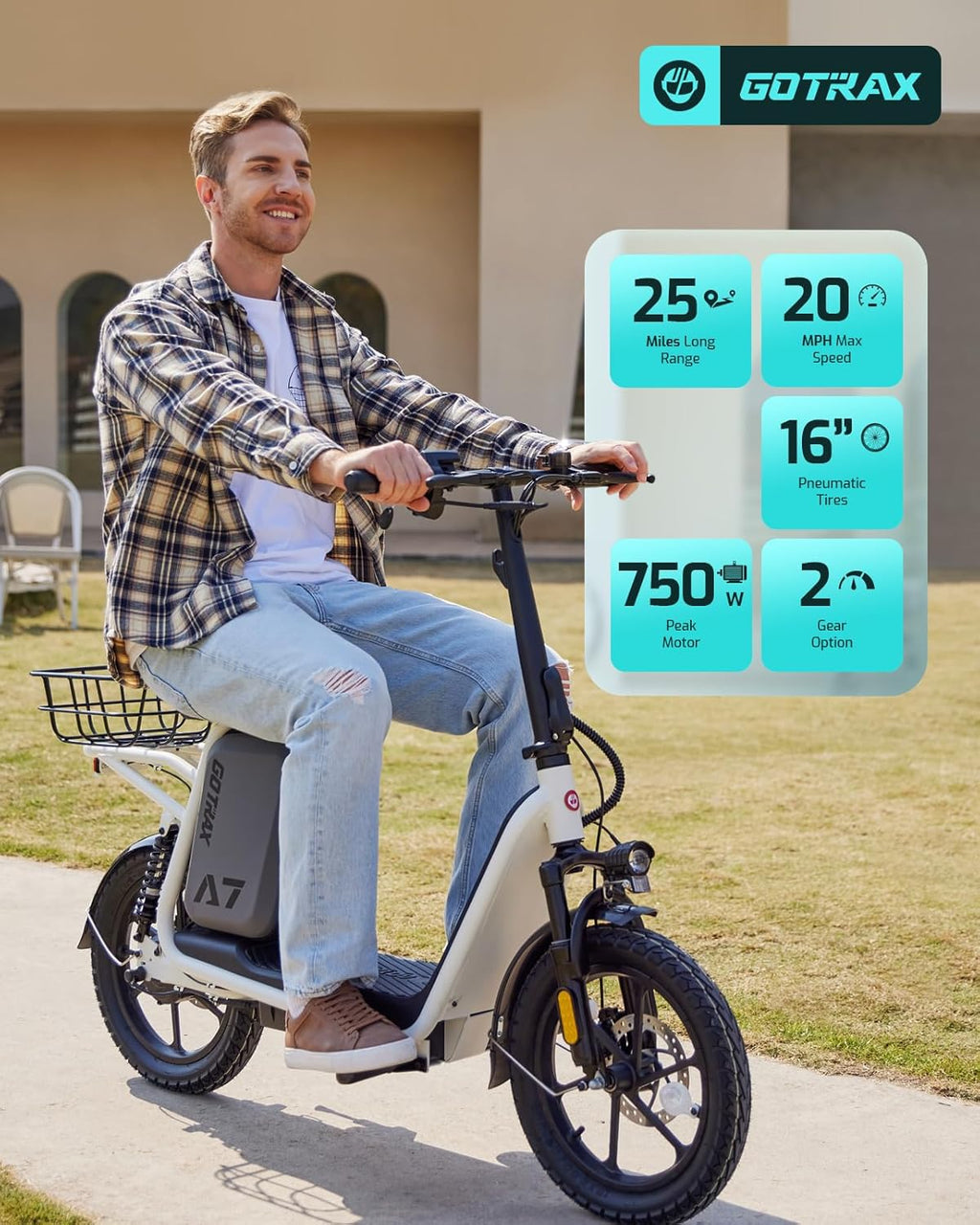 Gotrax adult electric scooter with seat, maximum range of 19-25 miles, all-terrain tires, wide pedals, padded seat, and carrycot wourant