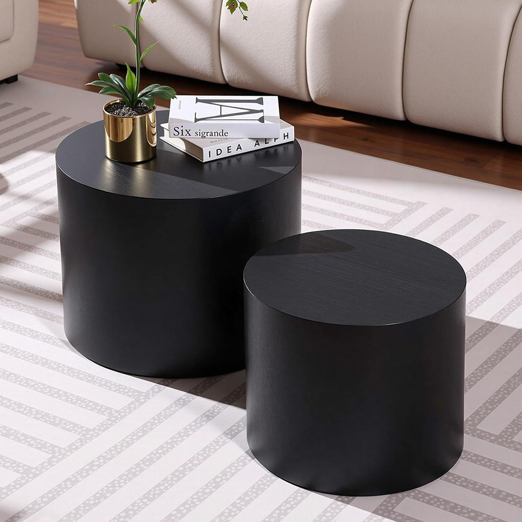 Nesting Coffee Table Set of 2, Modern Round Coffee Table with Non-Slip Feet, Walnut Wooden Circle Accent Tables for Small Spaces Living Room Bedroom Balcony Office Drum Side Table (Walnut) wourant