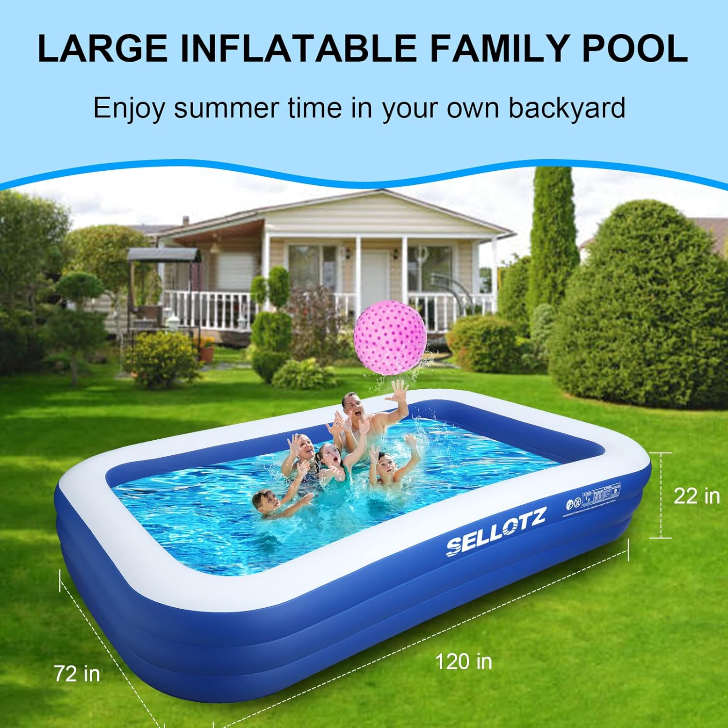 Inflatable Pool for Kids and Adults, 120" X 72" X 22" Oversized Thickened Family Swimming Pool for Toddlers, Outdoor, Garden, Backyard, Summer Water Party wourant