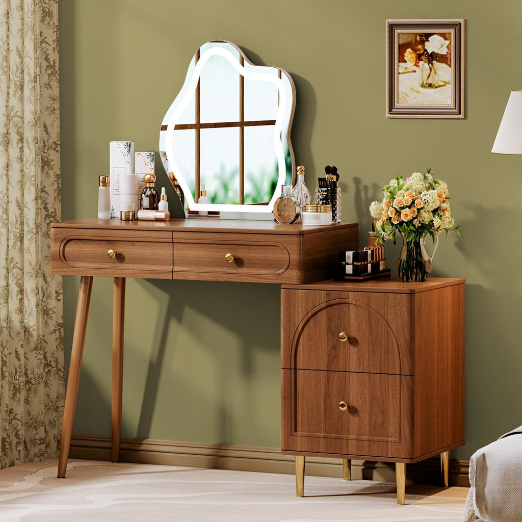Walnut Stylish Corner Makeup Vanity Table，Vanity Desk with Lighted Mirror wourant