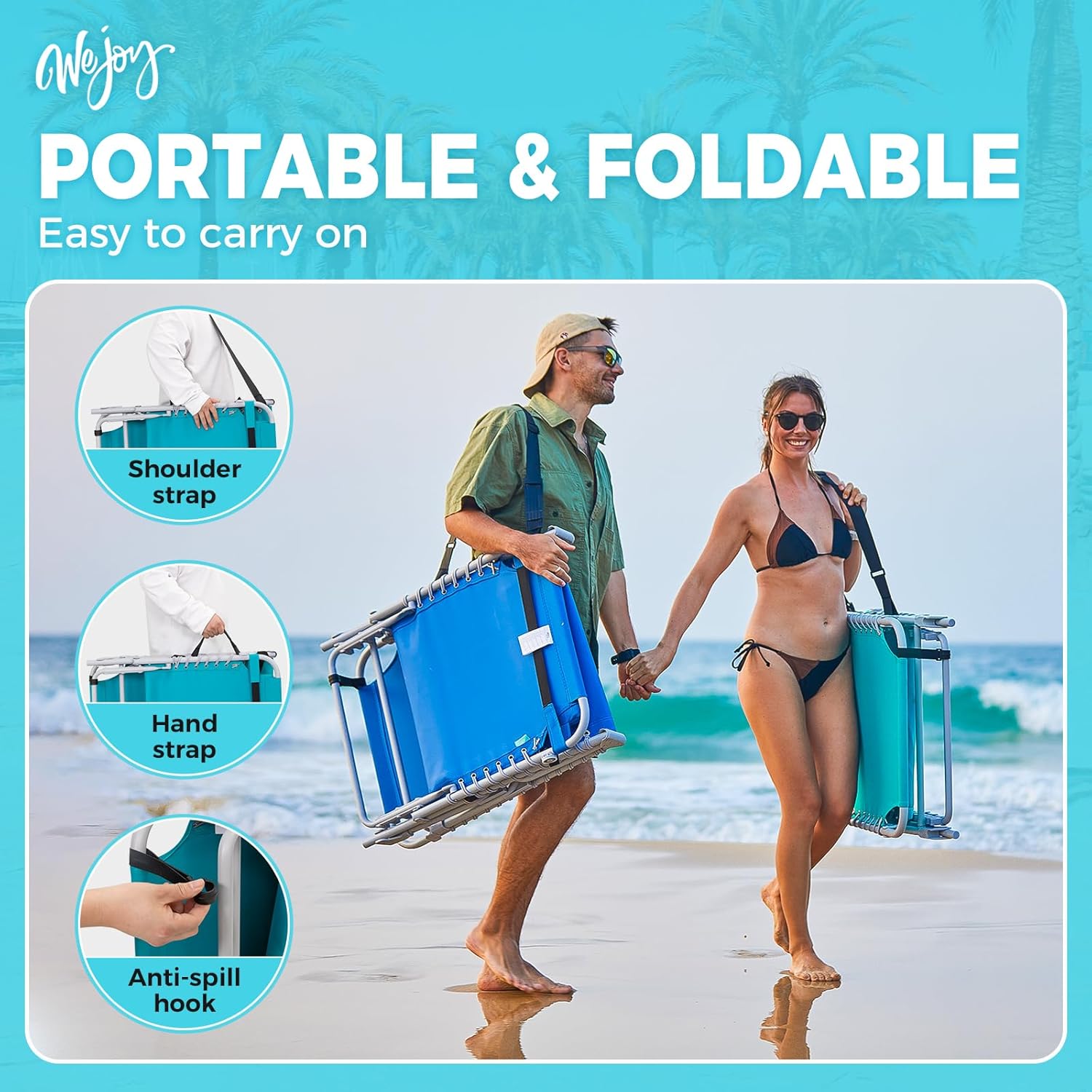 2 Pack Outdoor Chaise Lounge Chair - Portable Folding Patio Pool Lounge Chair, 5 Positions Adjustable Reclining Camping Chair with Side Table,Shoulder Strap, Pillow for Beach Sunbathing Lawn wourant