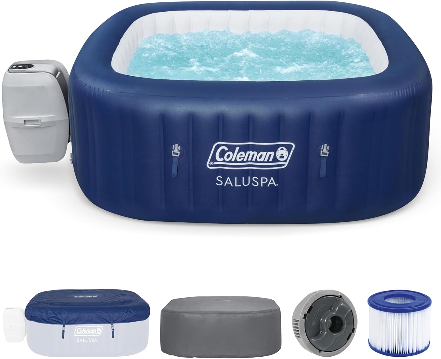 Coleman SaluSpa Atlantis AirJet 4 to 6 Person Inflatable Hot Tub Square Portable Outdoor Spa with 140 Soothing Jets with Cover, Blue wourant