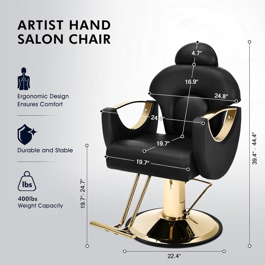 Artist Hand Salon Chair Reclining Barber Chair Oversized Hydraulic Pump Heavy Duty Hair Salon Chair 360 Degree Swivel Hair Chair for Hair Stylist, Beauty Spa Equipment Max Load 400 LBS, Black and Gold wourant