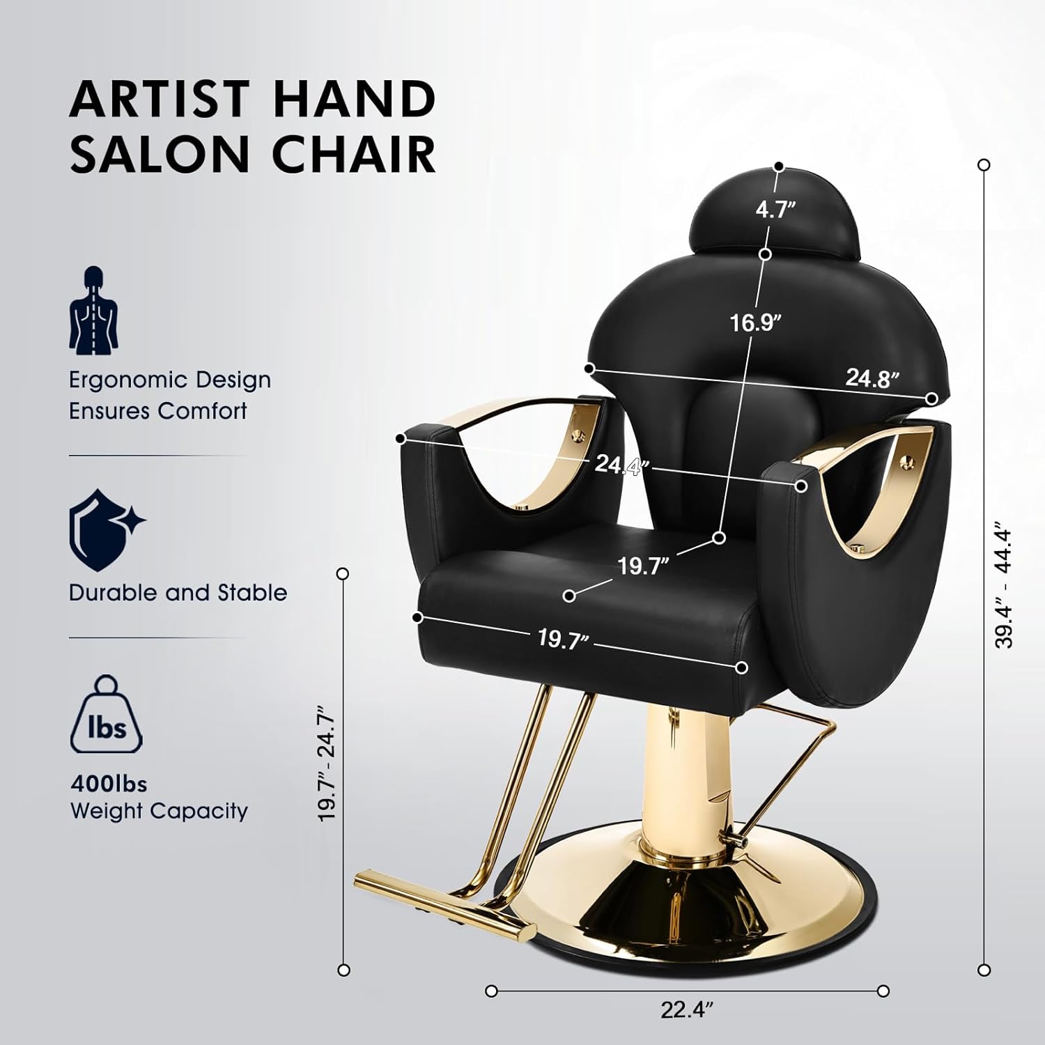 Artist Hand Salon Chair Reclining Barber Chair Oversized Hydraulic Pump Heavy Duty Hair Salon Chair 360 Degree Swivel Hair Chair for Hair Stylist, Beauty Spa Equipment Max Load 400 LBS, Black and Gold wourant