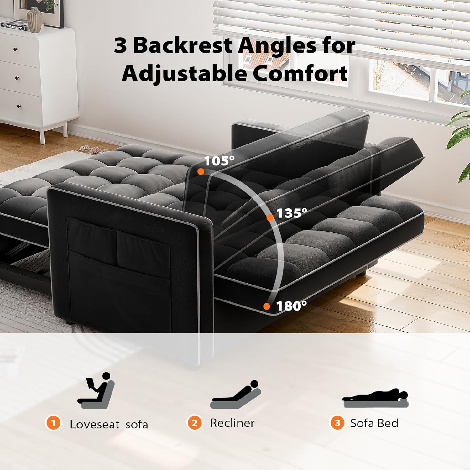 Pipishell 3 in 1 Convertible Sleeper Sofa Bed,Pull Out Couch for Living Room with USB Ports & Side Pockets,Adjustable Backrest,Velvet,Loveseat Sofa Bed,Futon Couches,Black wourant