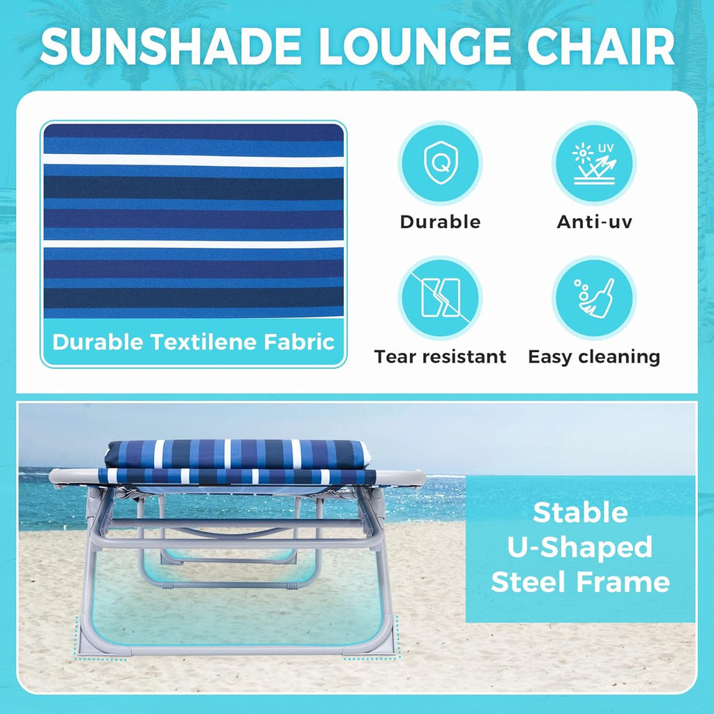 2 Pack Outdoor Chaise Lounge Chair - Portable Folding Patio Pool Lounge Chair, 5 Positions Adjustable Reclining Camping Chair with Side Table,Shoulder Strap, Pillow for Beach Sunbathing Lawn wourant