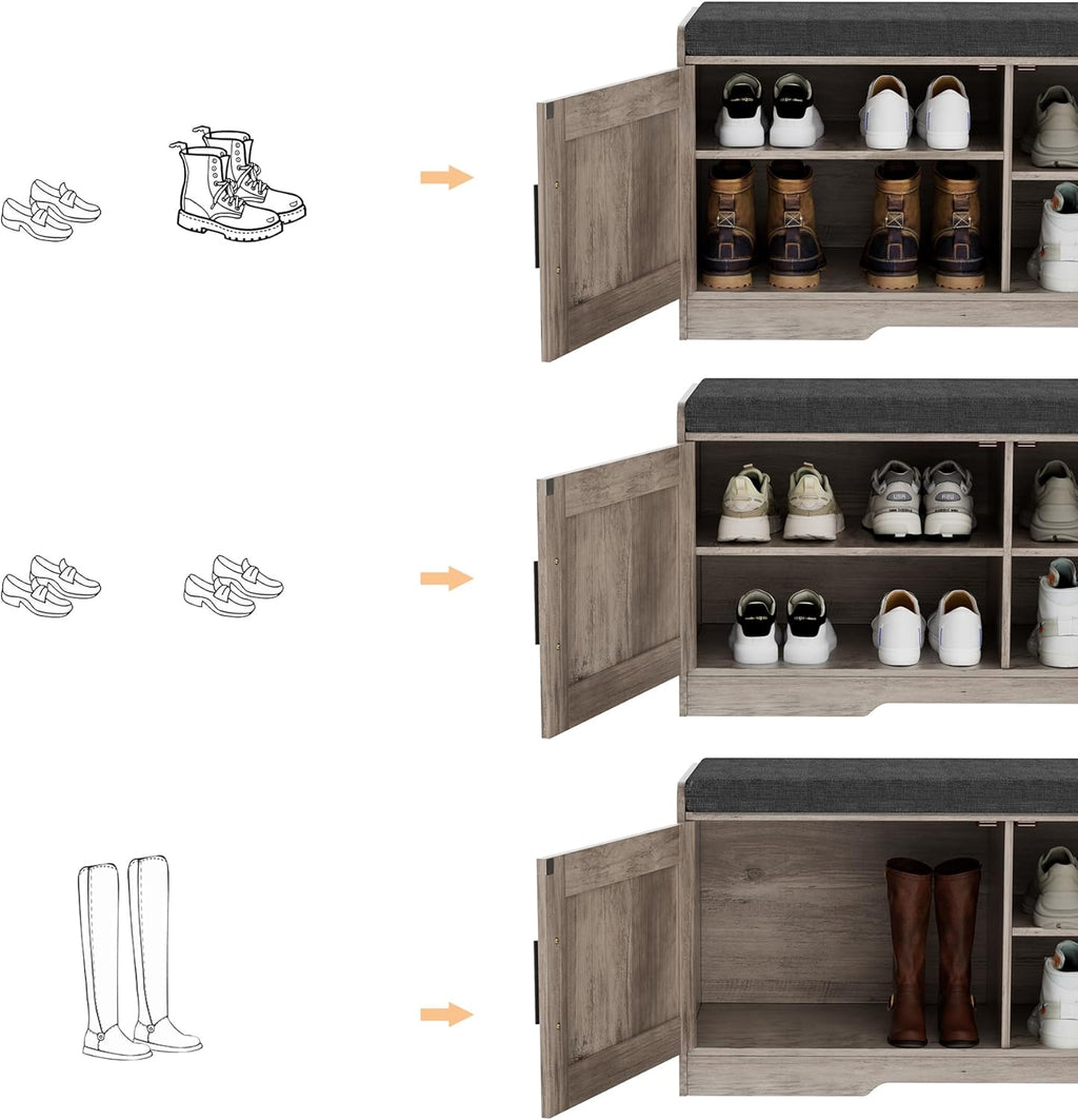 2-Tier Storage Bench, Shoe Bench with Thickened Padded Seat Cushion, Entryway Bench with 4 Doors, Adjustable Shelf wourant