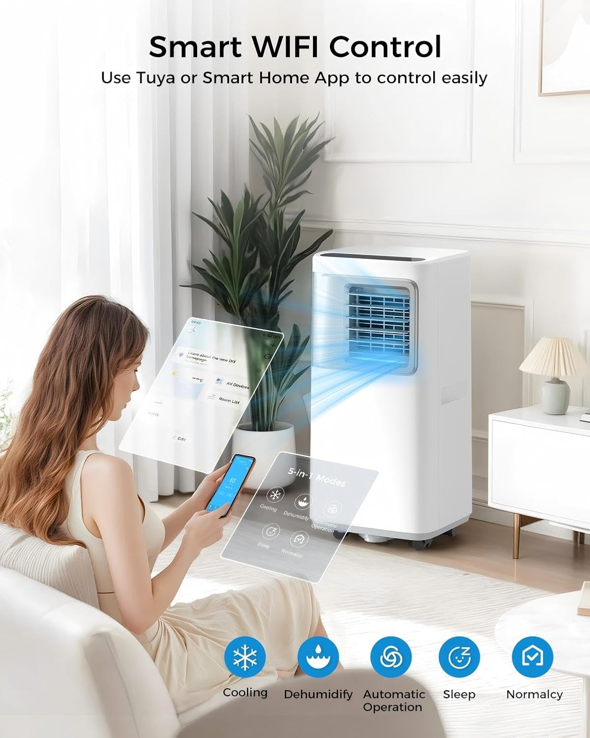 Portable-Air-Conditioners-16,000-Btu - AC Unit 5 in 1 Wifi Smart Air Conditioner with APP, Fan & Dehumidifier, Remote, 24H, Window Kits Included Drainage-free Cooling for Large Room Indoor wourant