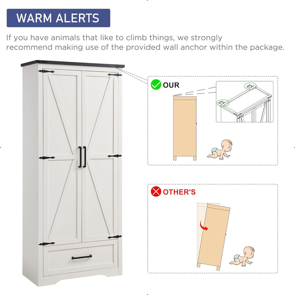 JXQTLINGMU Farmhouse Kitchen Pantry - 72" Tall Wood Kitchen Storage Cabinet with Adjustable Shelves and 2 Barn-Style Doors and Drawers wourant