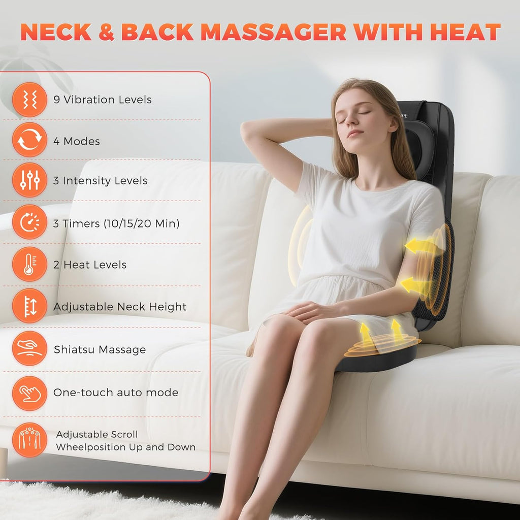 Shiatsu Neck and Back Massager with Heat, 4D Kneading Back Massager for Pain Relief Deep Tissue, Comfortable Back Massage for Chair, Massager for Home Office, Christmas Gifts for Women Men Parents wourant