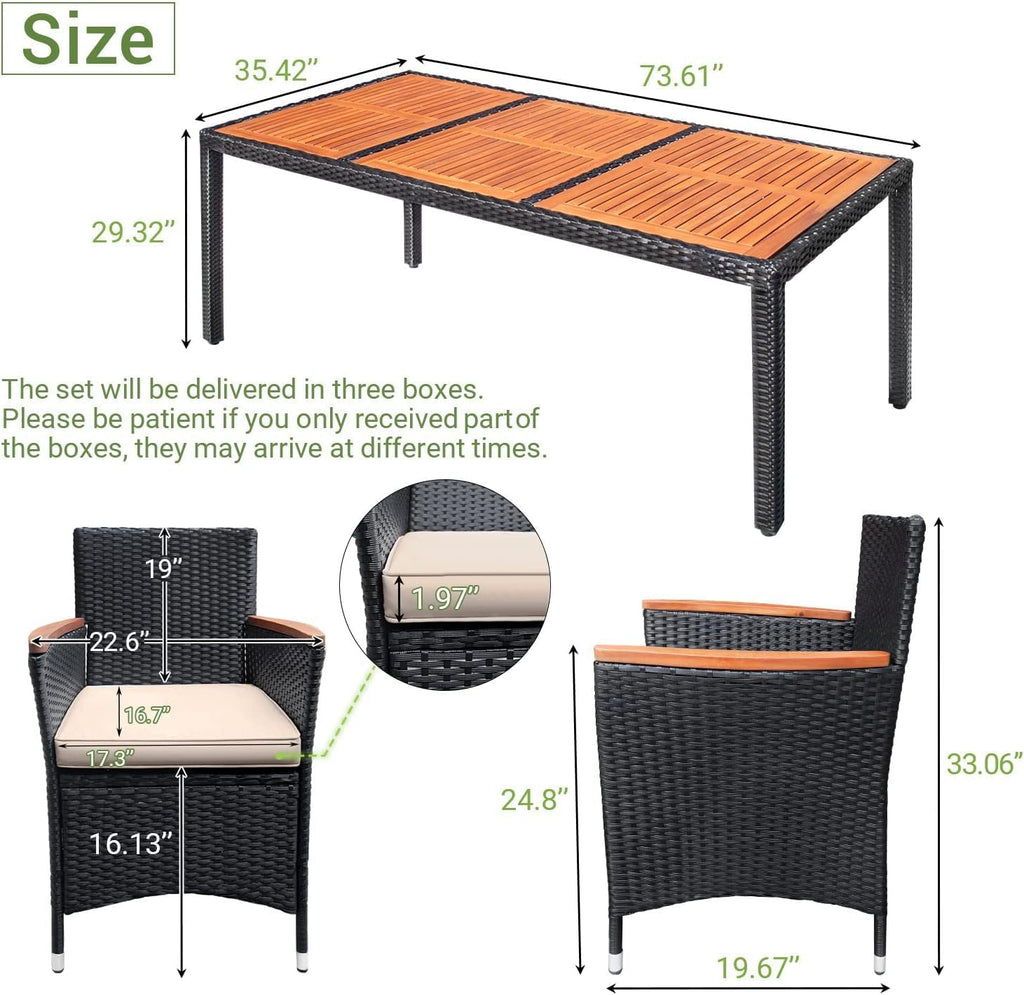 Devoko Dining 7 PCS Furniture, Patio Conversation Set with Acacia Wood Table Top, Rattan Outdoor, Black wourant