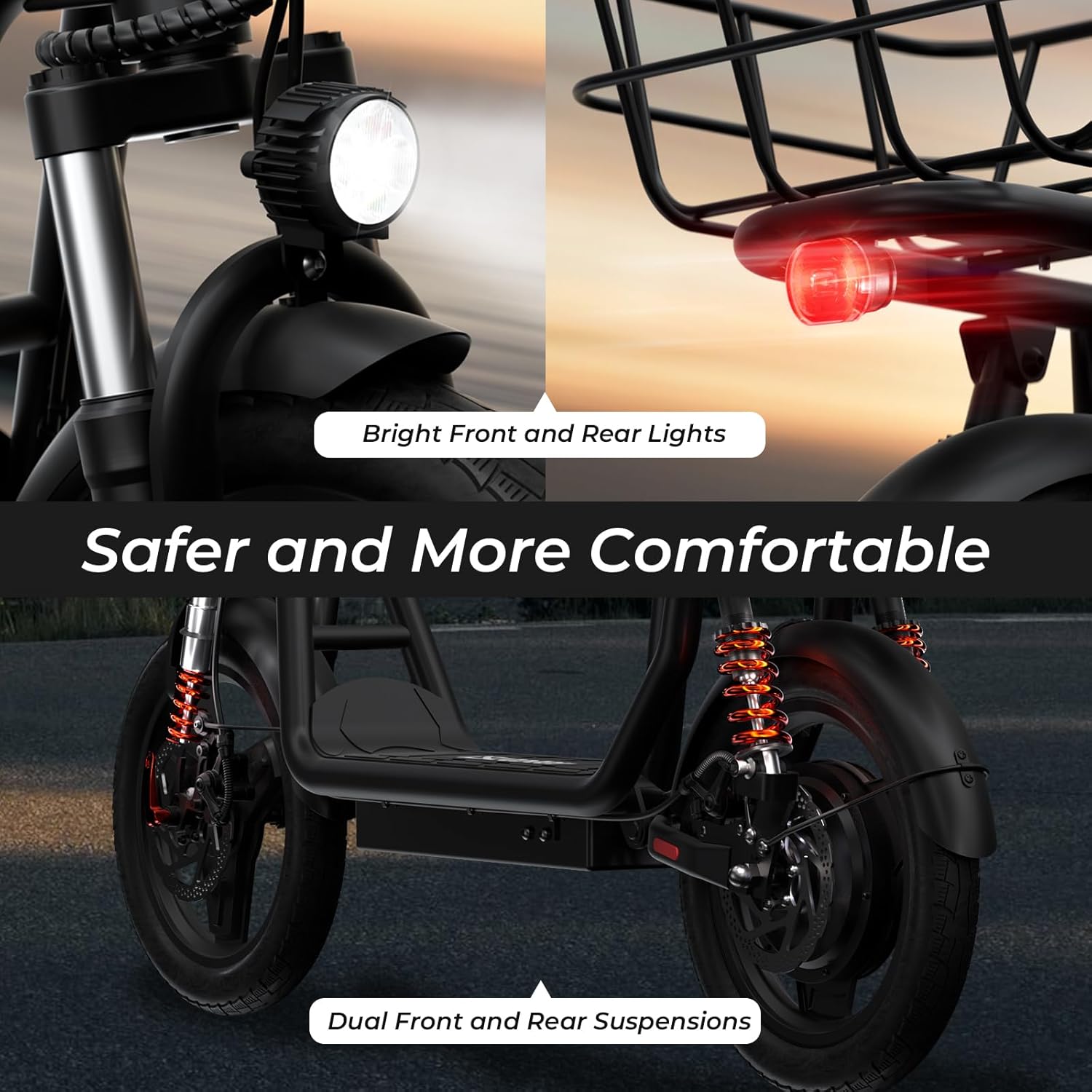 iScooter electric scooter with seat, 37/21 mile range, 28/19/15.6 mph top speed, dual suspension scooter with basket wourant