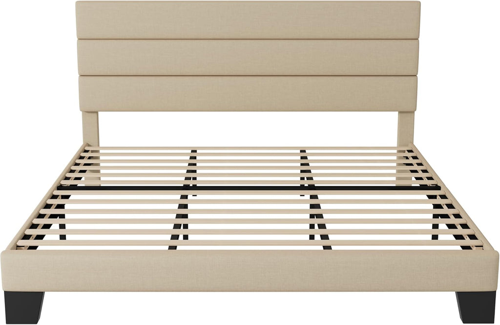 Allewie Queen Size Platform Bed Frame Fabric Upholstered Headboard Wooden Slats Support wourant