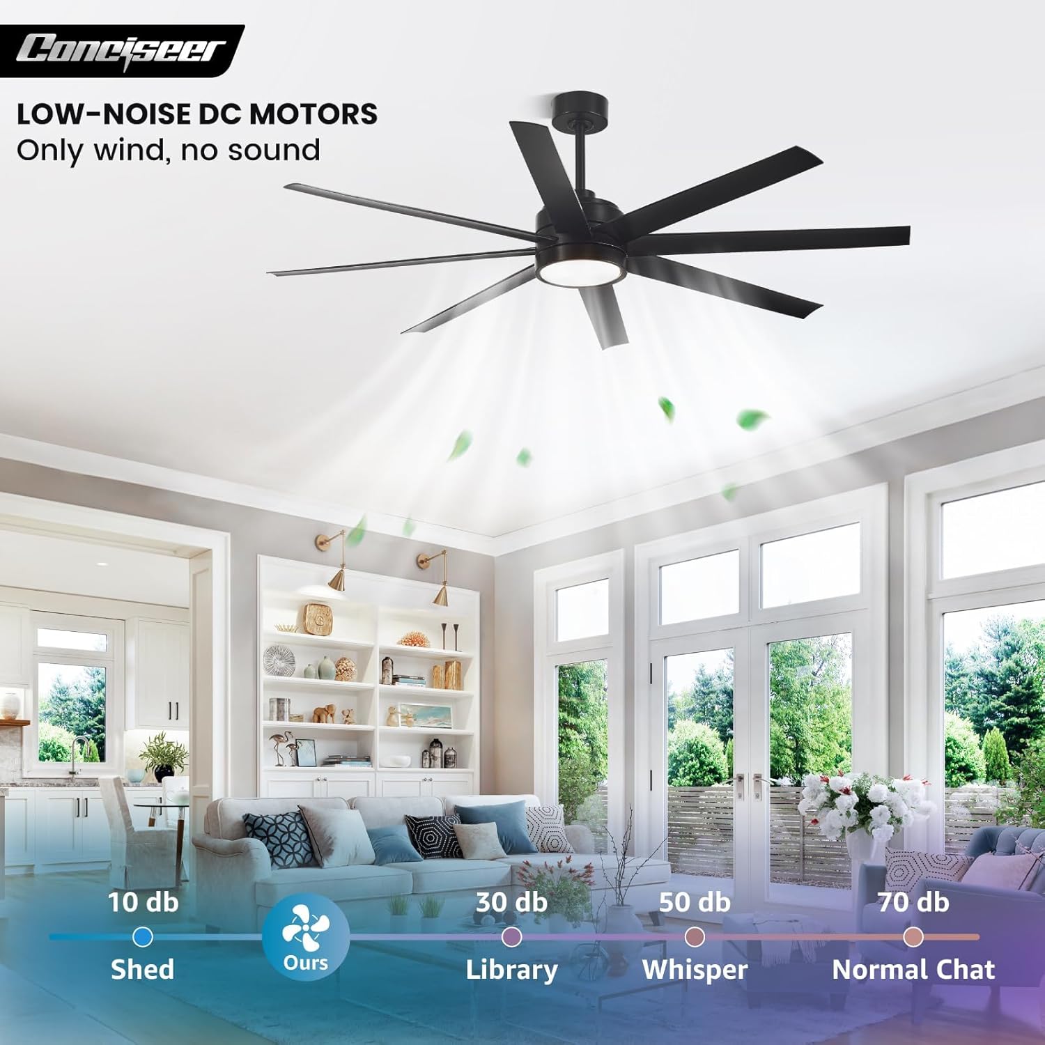 Modern Ceiling Fans with Lights, 72 Inch Ceiling Fan with Light and Remote, Bedroom Living Room Library Cafe Outdoor/Industrial,24W 3CCT Dimmable, 8 Blades 6 Speed Reversible Quiet DC Motor, Black wourant