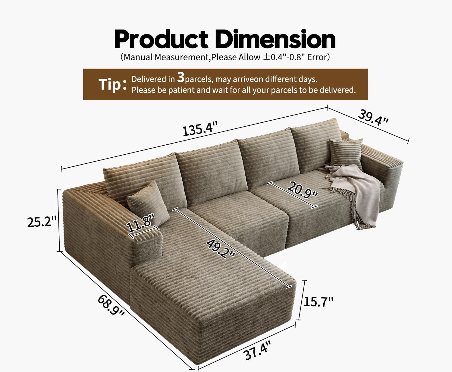107.5 inch Cloud Modular Sectional Sofa with L-Shaped Chaise Lounge, Modern Minimalist Upholstered Sofa Deep Seating Corner Sofa wourant