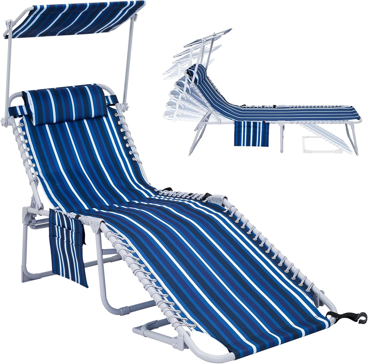 2 Pack Outdoor Chaise Lounge Chair - Portable Folding Patio Pool Lounge Chair, 5 Positions Adjustable Reclining Camping Chair with Side Table,Shoulder Strap, Pillow for Beach Sunbathing Lawn wourant