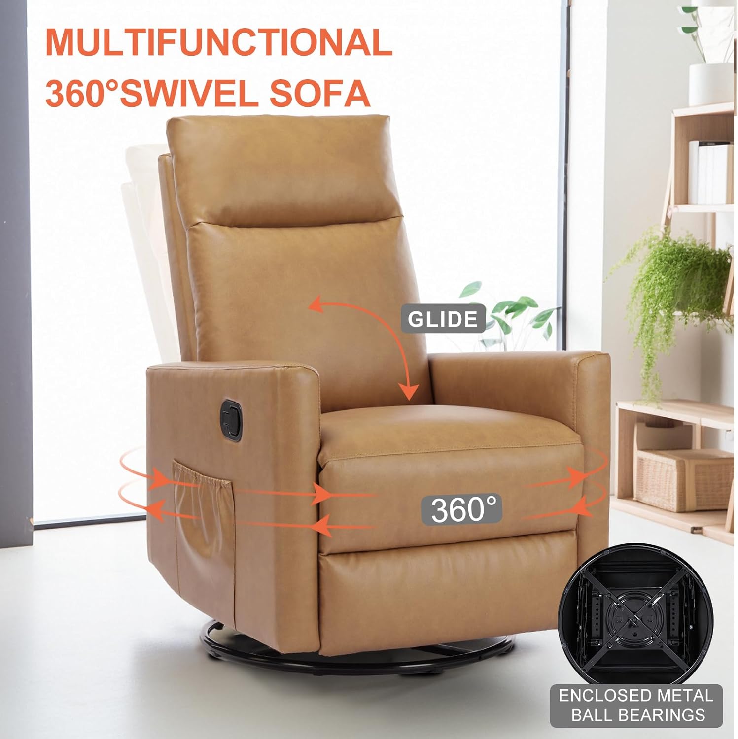 Sweetcrispy Recliner Chair, 360 Swivel Rocker Chair for Adults, Glider Rocker Recliners, Nursery Chairs for Living Room, High Back, Upholstered Deep Seat, Classical Brown wourant
