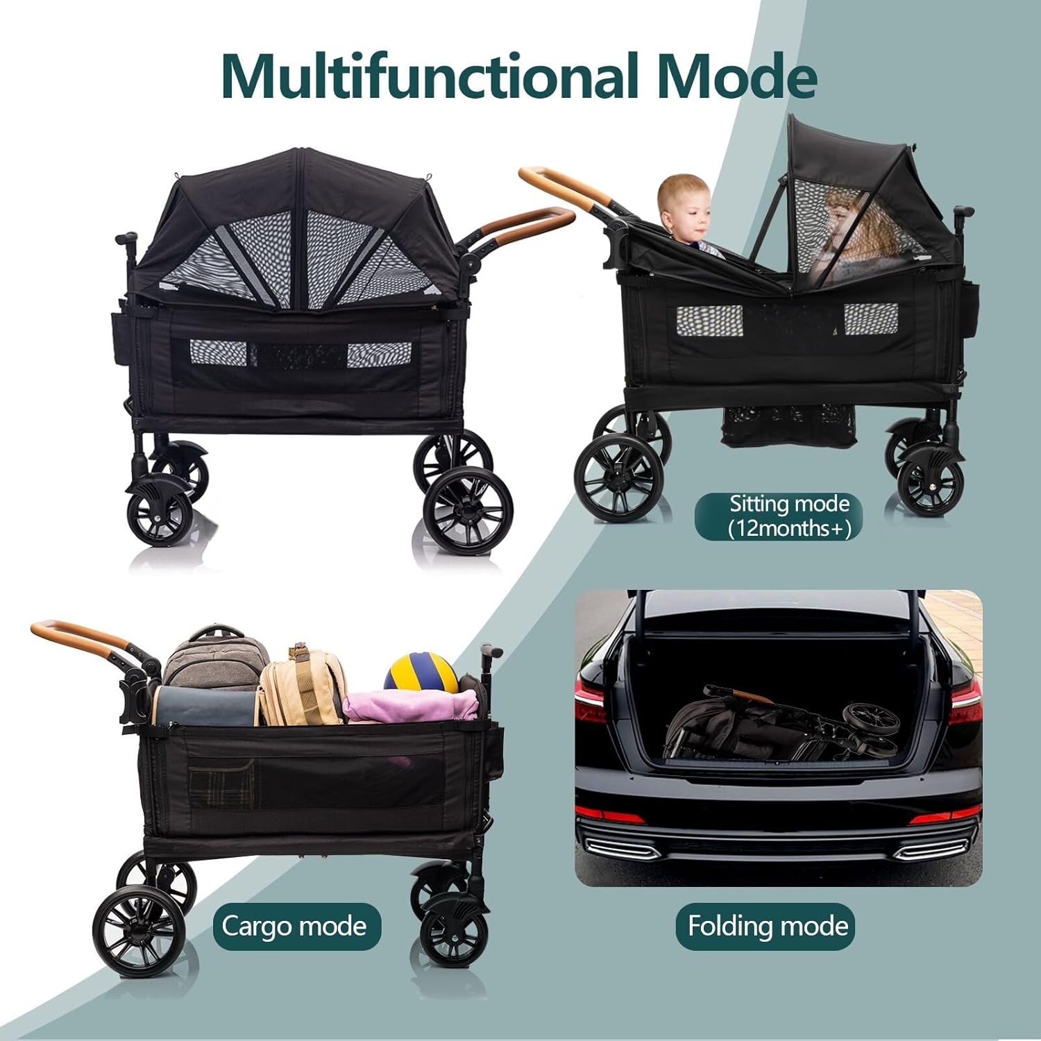 Wagon Stroller for 2 Kids & Cargo-Travel Stroller Push-Pull Double Wagon Lightweight Folding Stroller for Newborn&Toddler with 5-Point Harness,Adjustable Handle Bar and Canopy,Tray Table,Cup Holder wourant
