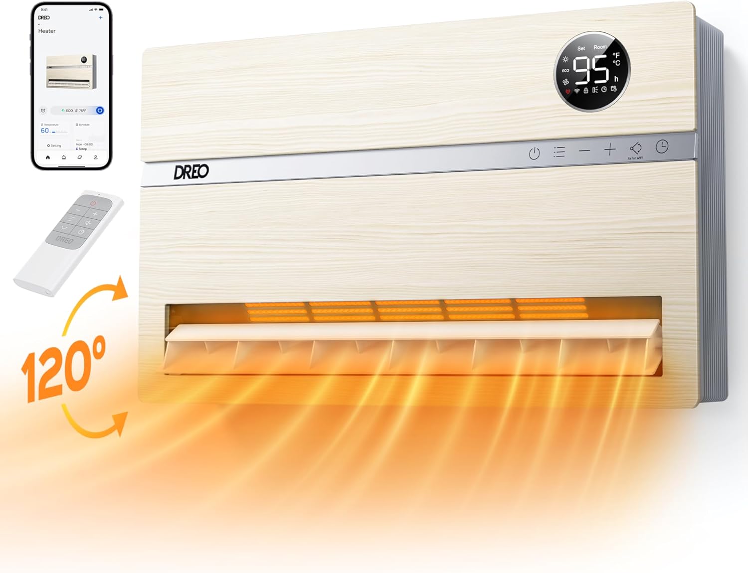 Dreo Smart Wall Heater, Electric Space Heater for Bedroom 1500W, 120° Vertical Oscillation, Adjustable Thermostat, Remote Control, 24H Timer, Easy-Mount Heater for Indoor Use, Works with Alexa, WH719S wourant
