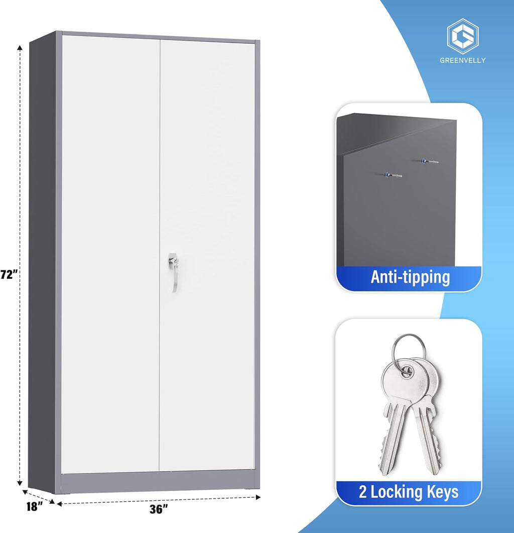 Greenvelly Metal Storage Cabinet, 72" Black Locking Metal Cabinet with 2 Doors and 4 Adjustable Shelves, Lockable Garage Storage Cabinets for Home Office, Garage, Kitchen, Living Room wourant