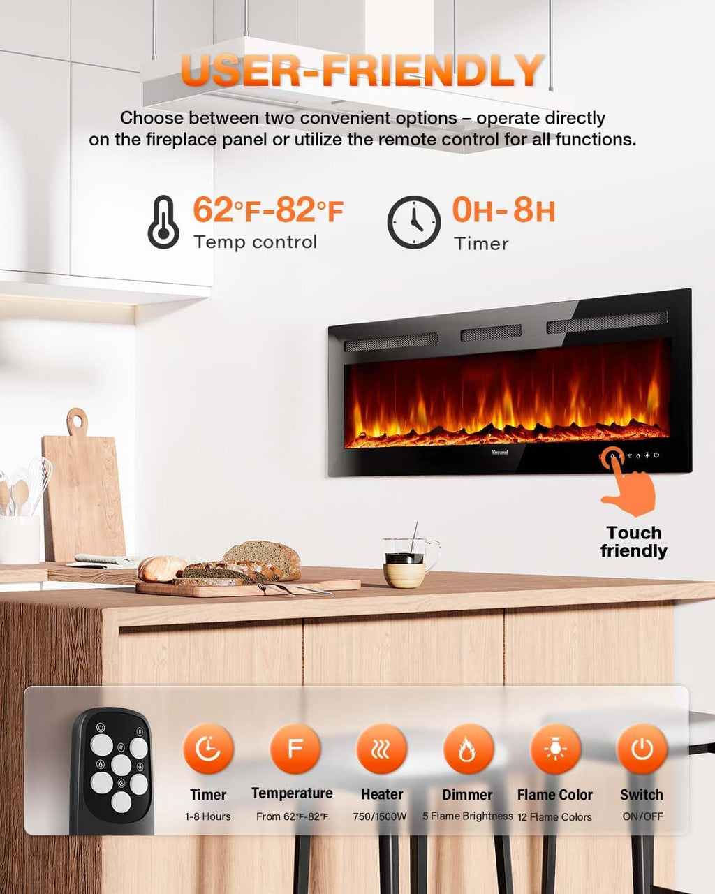 Electric Fireplace 60Inch,Wall Mounted Electric Fireplace Heater with Timer Inserts，TV Stand Touch Screen and Realistic Flame,Log Set,Crystal Flames 750 to 1500W，Remote for Living Room wourant