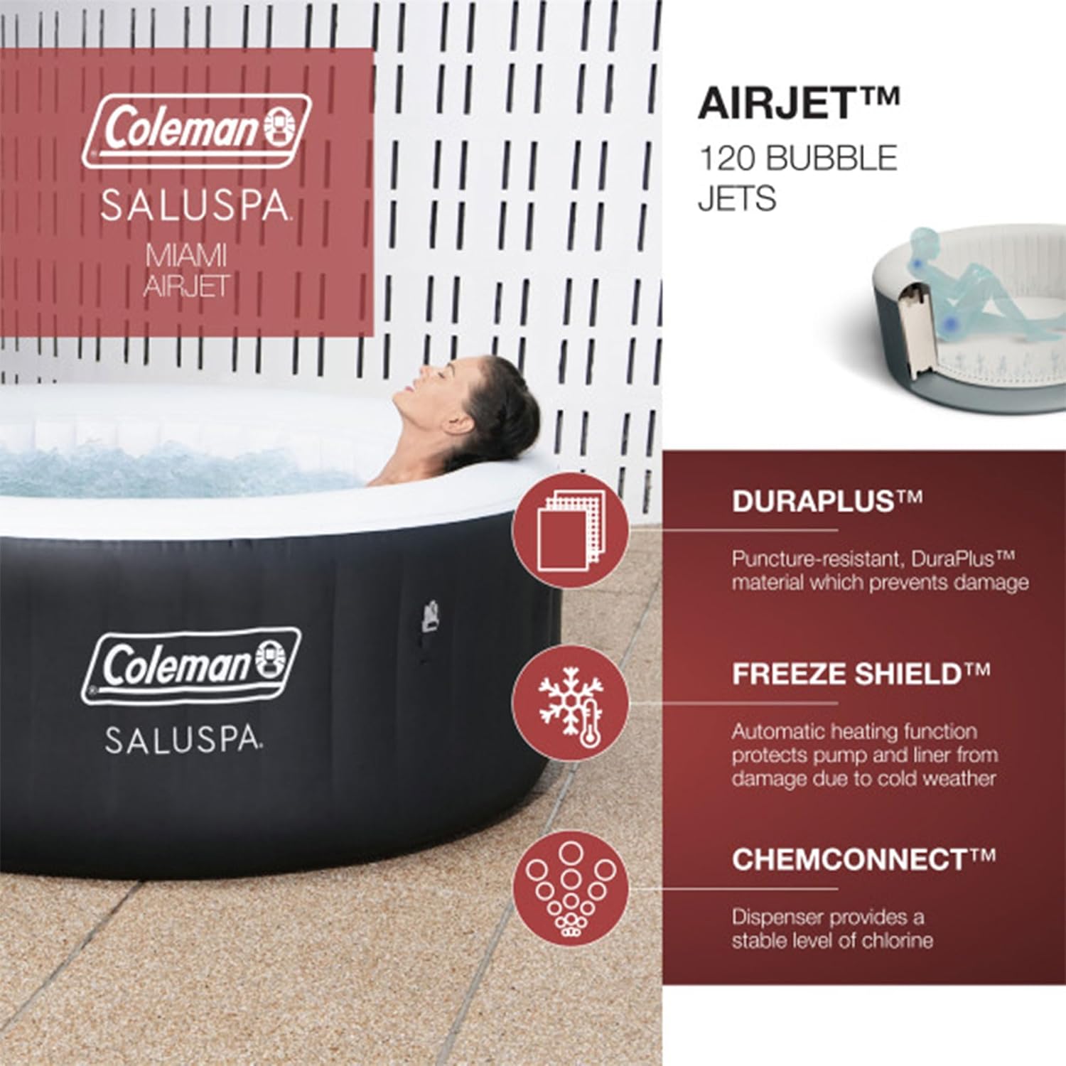 Coleman SaluSpa Miami AirJet 2 to 4 Person Round Inflatable Hot Tub Portable Outdoor Spa with 120 Soothing AirJets and Insulated Cover, Black wourant